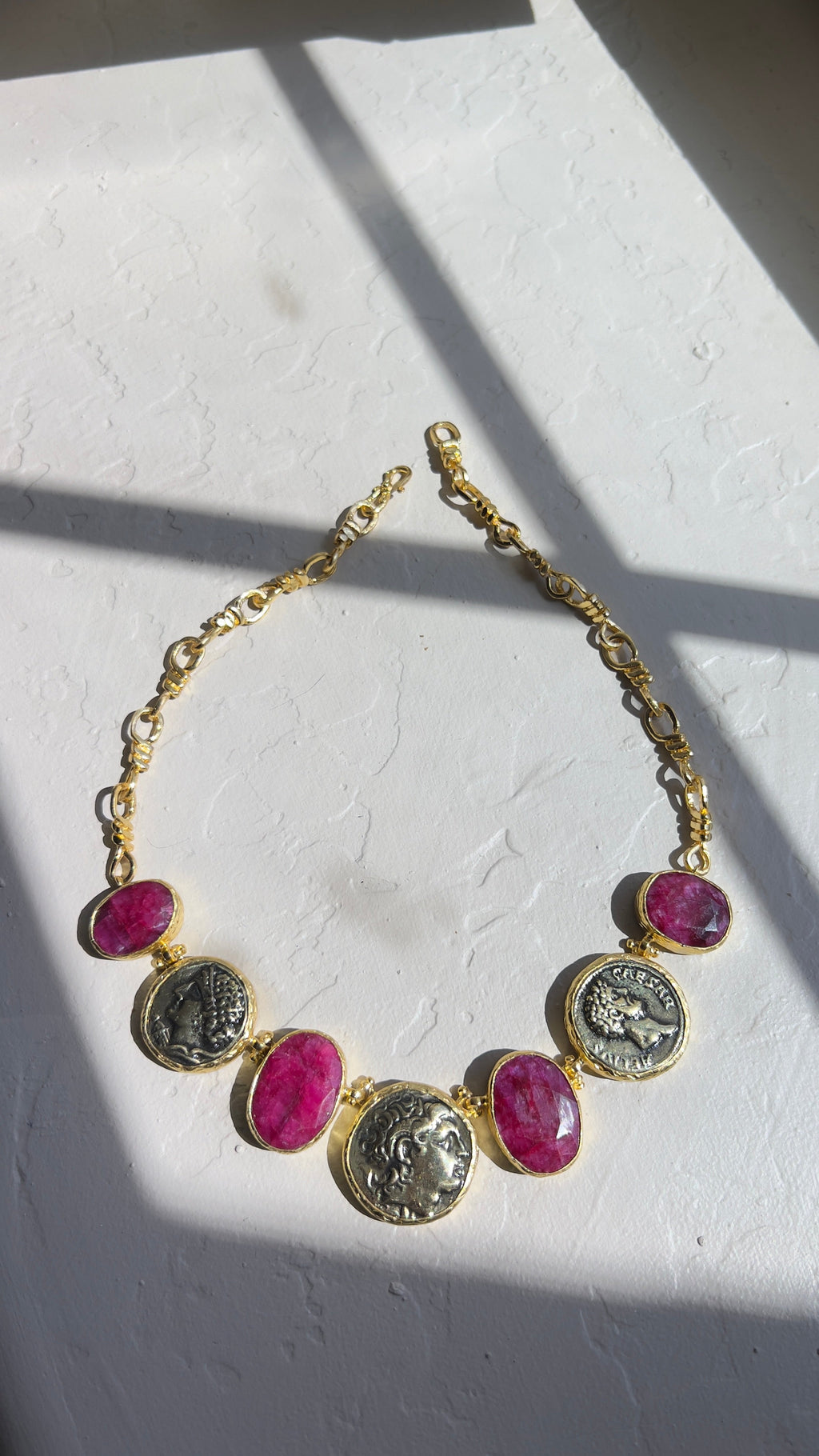 Natural Unheated Ruby & Ancient Coin Statement Necklace – 18K Gold-Plated Silver