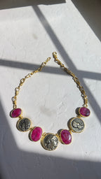 Natural Unheated Ruby & Ancient Coin Statement Necklace – 18K Gold-Plated Silver