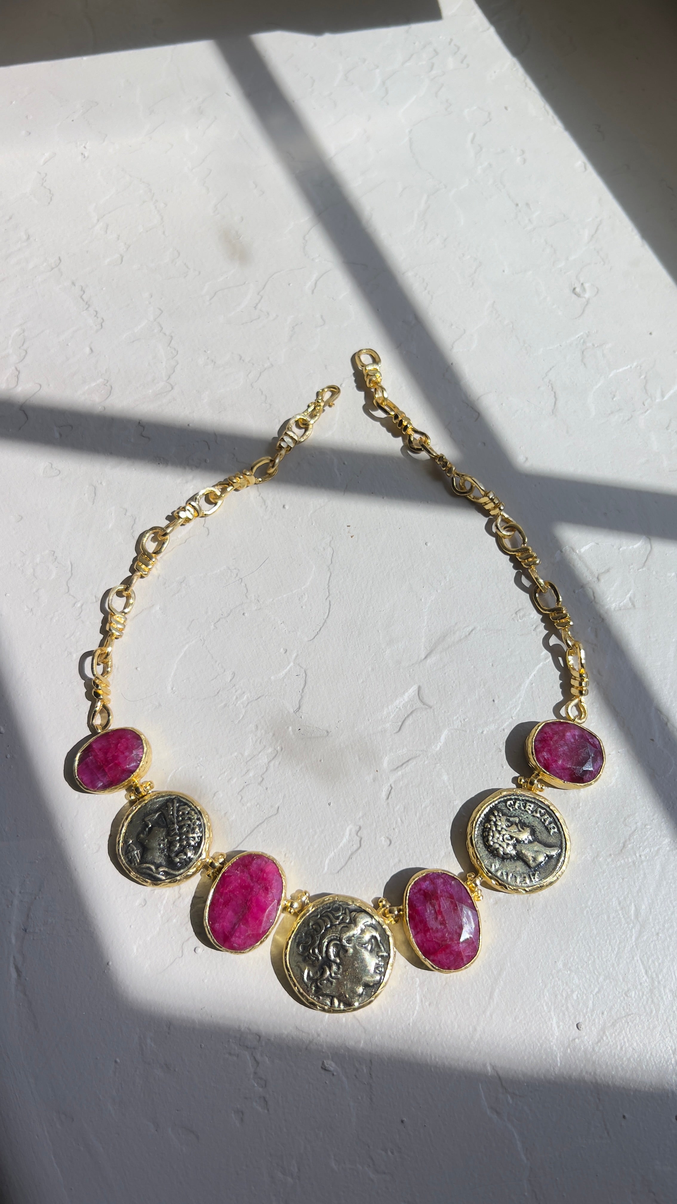 Natural Unheated Ruby & Ancient Coin Statement Necklace – 18K Gold-Plated Silver
