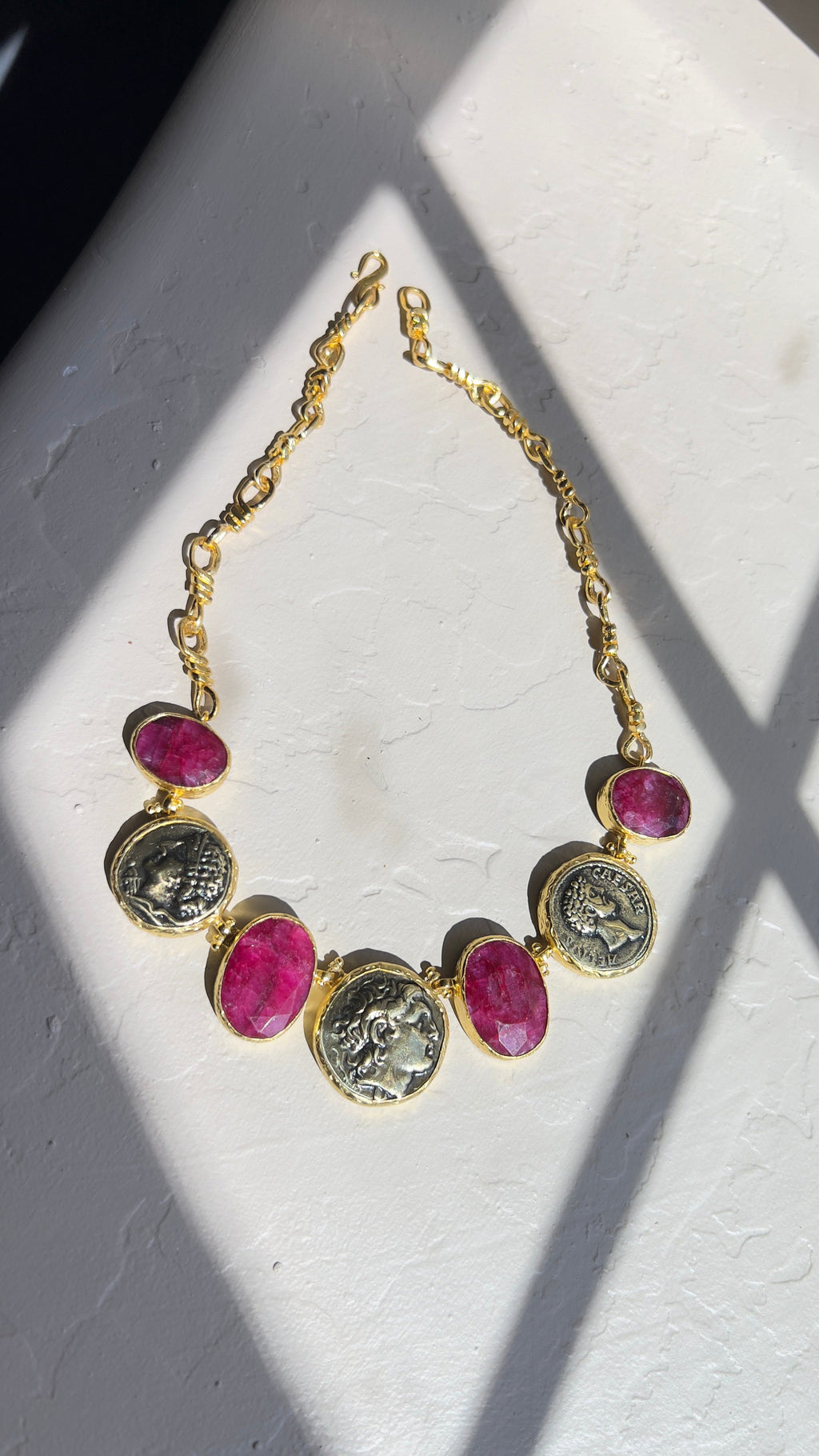 Natural Unheated Ruby & Ancient Coin Statement Necklace – 18K Gold-Plated Silver