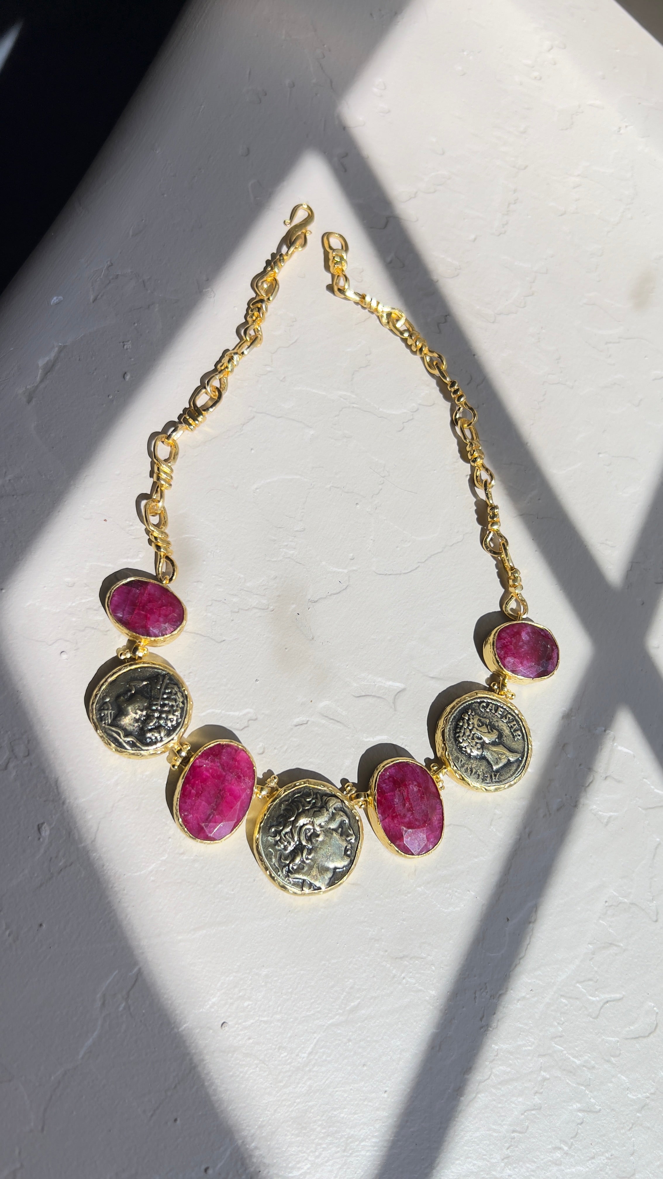 Natural Unheated Ruby & Ancient Coin Statement Necklace – 18K Gold-Plated Silver