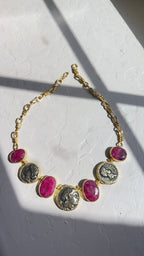 Natural Unheated Ruby & Ancient Coin Statement Necklace – 18K Gold-Plated Silver