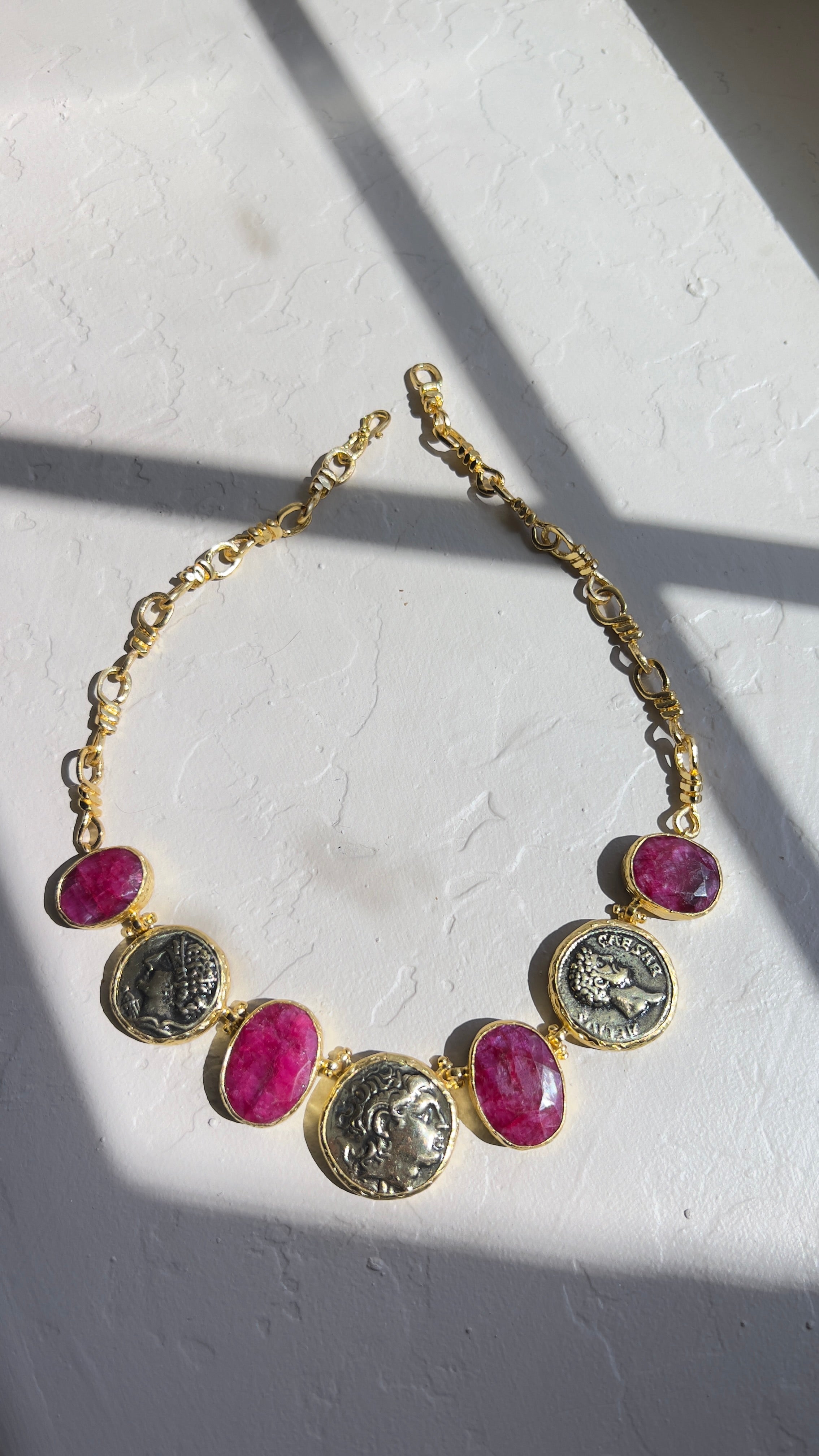 Natural Unheated Ruby & Ancient Coin Statement Necklace – 18K Gold-Plated Silver