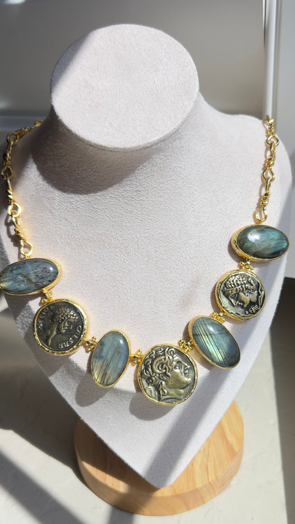 Labradorite & Ancient Coin Statement Necklace – 18K Gold-Plated Silver