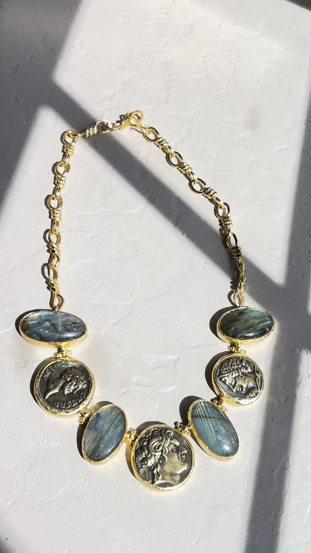 Labradorite & Ancient Coin Statement Necklace – 18K Gold-Plated Silver