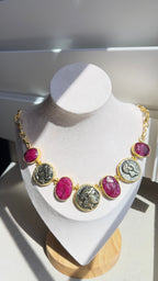 Natural Unheated Ruby & Ancient Coin Statement Necklace – 18K Gold-Plated Silver