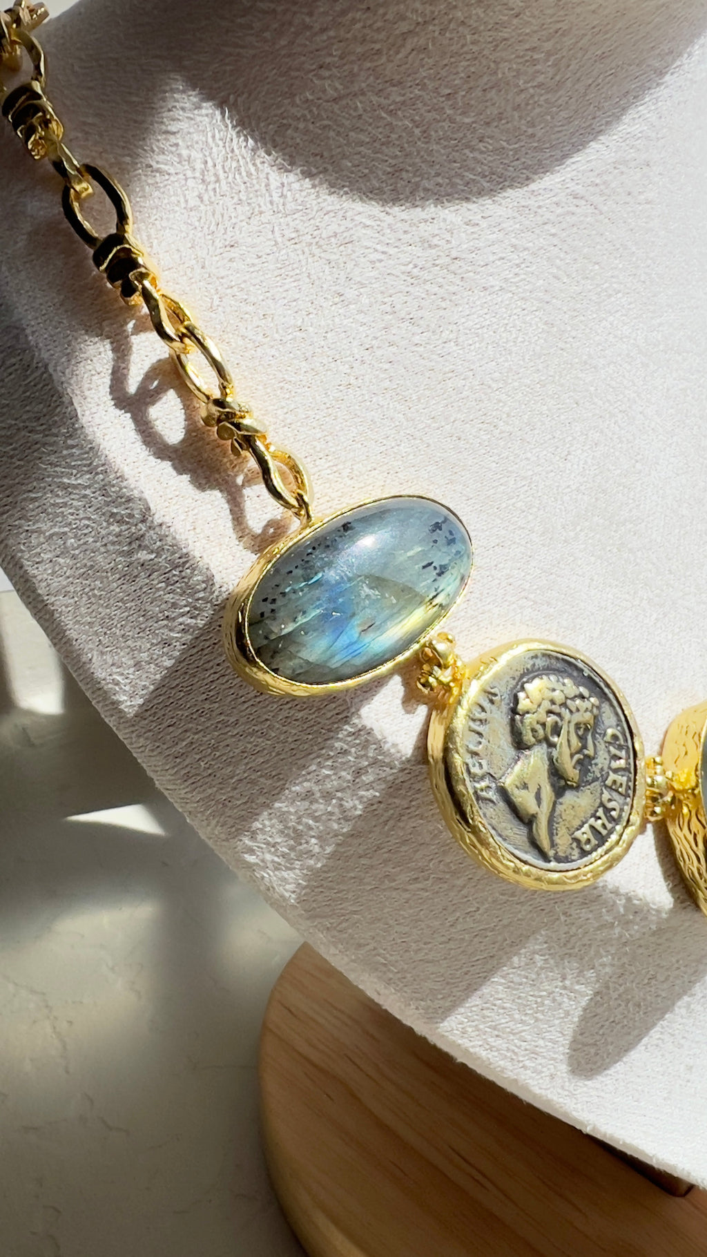 Labradorite & Ancient Coin Statement Necklace – 18K Gold-Plated Silver
