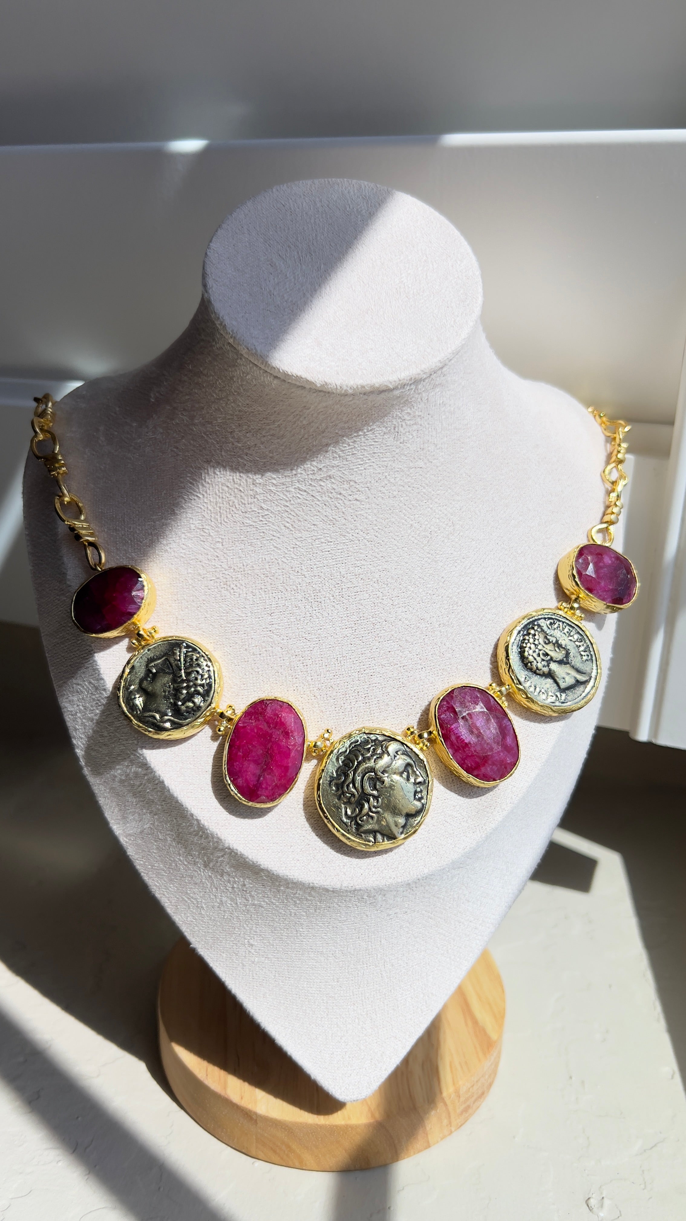 Natural Unheated Ruby & Ancient Coin Statement Necklace – 18K Gold-Plated Silver