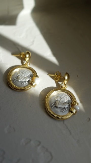 Pegasus Coin Pearl Earrings