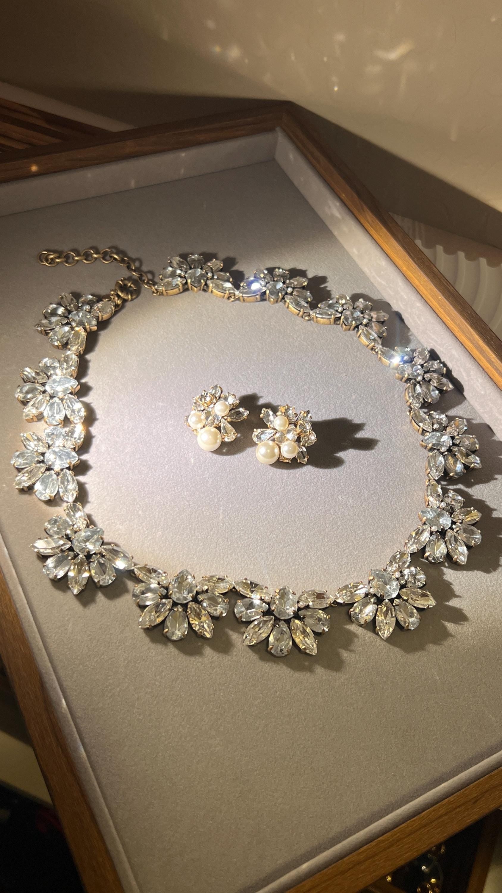 Vintage J.Crew Crystal Floral Necklace & Earrings Set – Gold Tone Wedding Jewelry