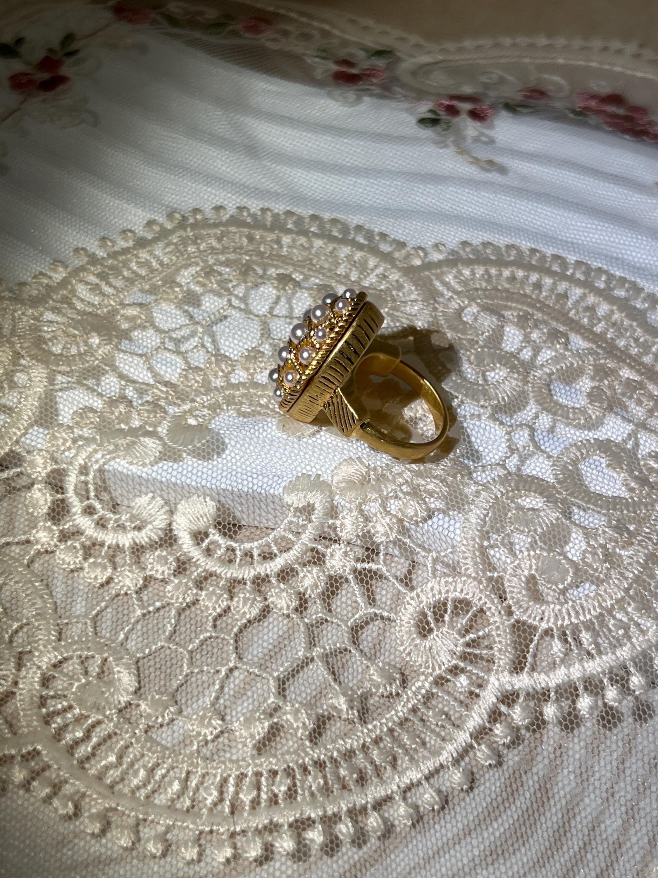 Vintage Gold Tone Pearl Locket Ring – Oval Statement Ring – Hidden Compartment Ring – Romantic Antique Style Jewelry- Size 8