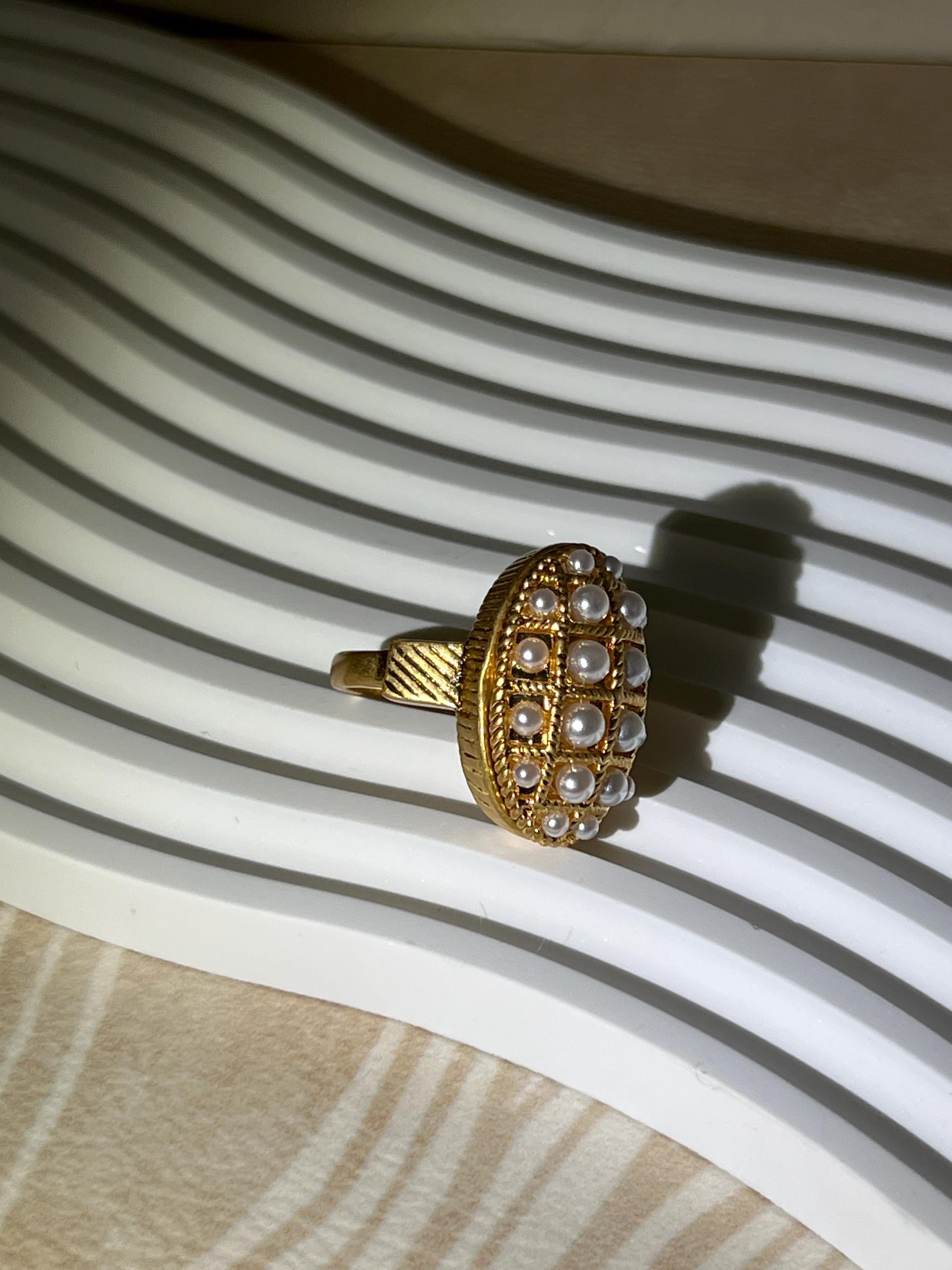 Vintage Gold Tone Pearl Locket Ring – Oval Statement Ring – Hidden Compartment Ring – Romantic Antique Style Jewelry- Size 8