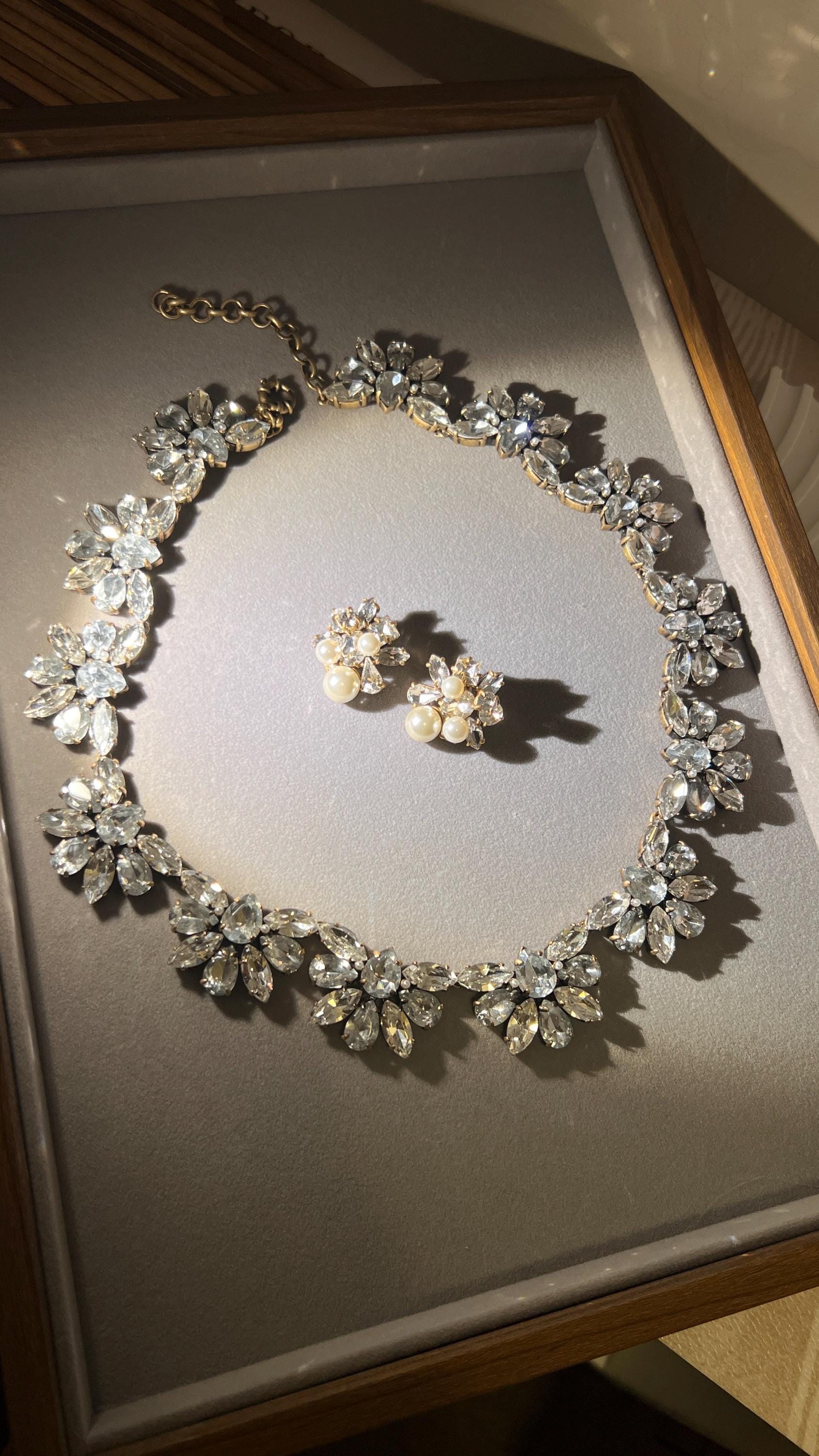 Vintage J.Crew Crystal Floral Necklace & Earrings Set – Gold Tone Wedding Jewelry