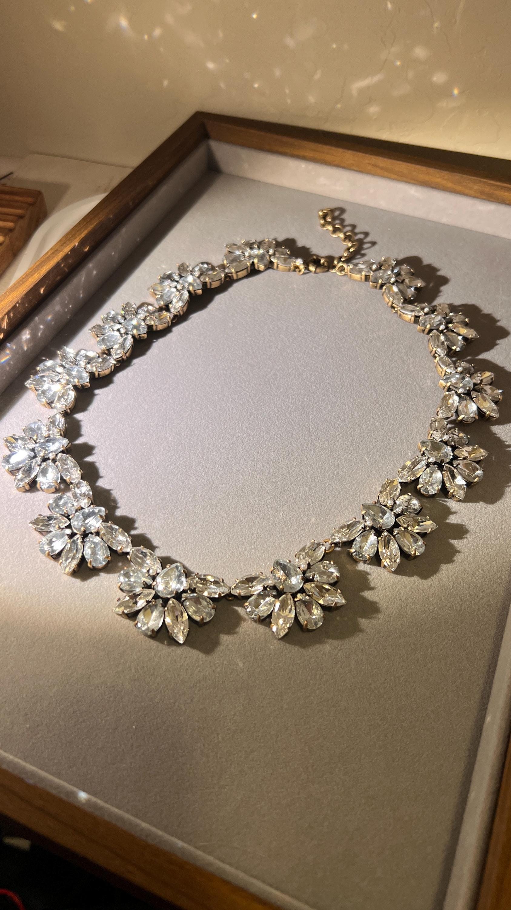 Vintage J.Crew Crystal Floral Necklace & Earrings Set – Gold Tone Wedding Jewelry