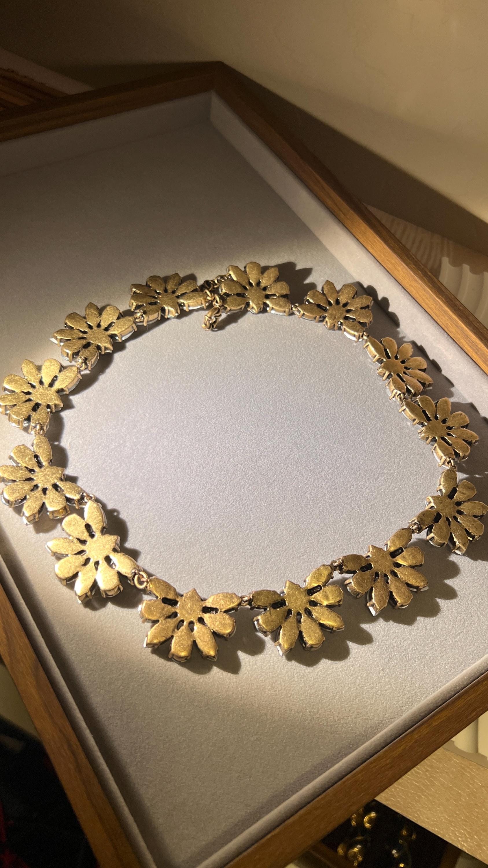 Vintage J.Crew Crystal Floral Necklace & Earrings Set – Gold Tone Wedding Jewelry